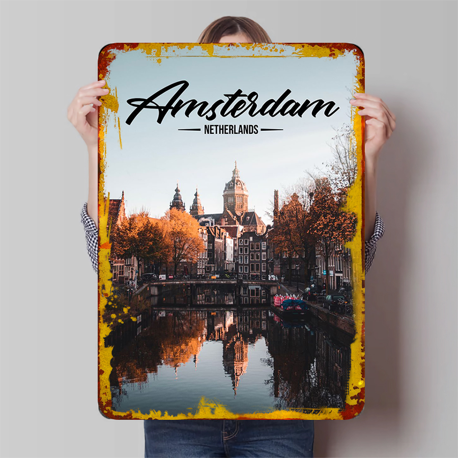 Home Decor Netherlands - アムステルダム オランダ都市景観メタルウォールアートヴィンテージ風景装飾ホームオフィス用