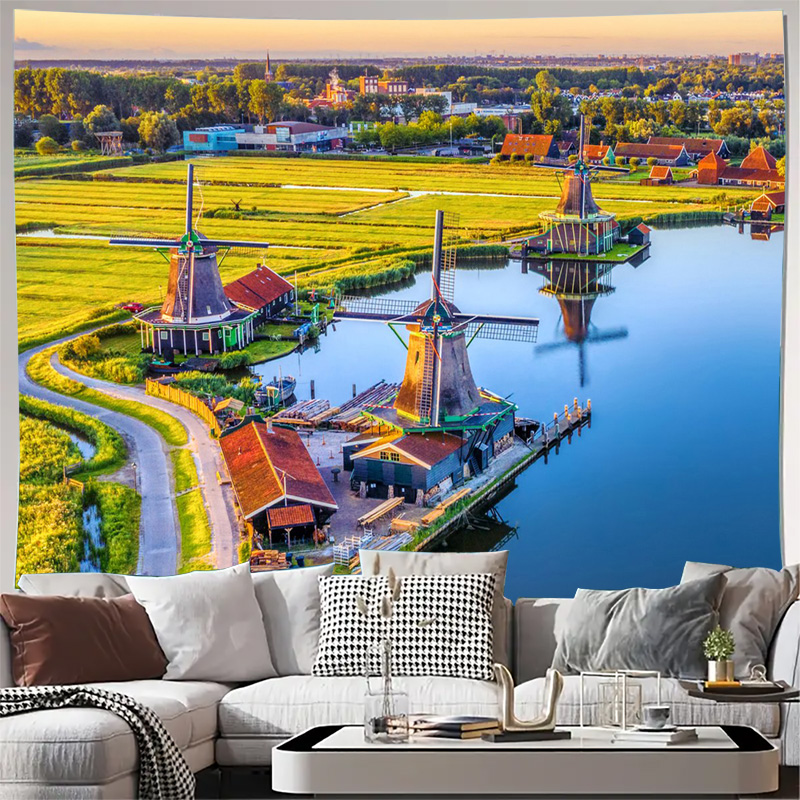 Home Decor Netherlands - 大型ボヘミアンオランダ風車タペストリー壁掛け装飾アートプリントオランダ風景壁画キャンバス農家風ホームデコレーション
