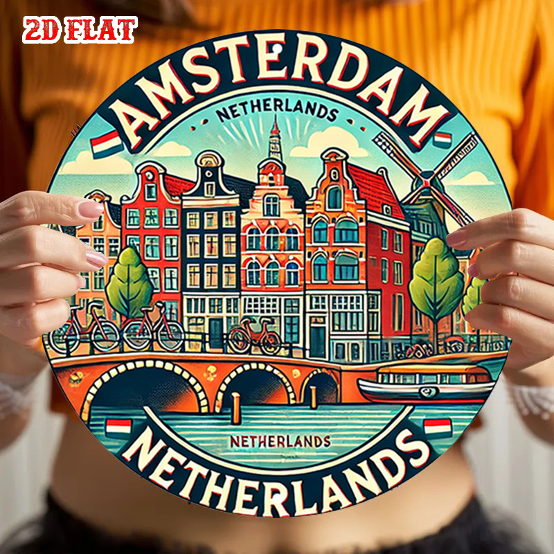 Home Decor Netherlands - 2Dフラット、1個入りアムステルダムオランダをテーマにしたラウンドメタルウォールアート - オランダと運河のサイン、ヴィンテージレトロな装飾、家庭、ガレージ用