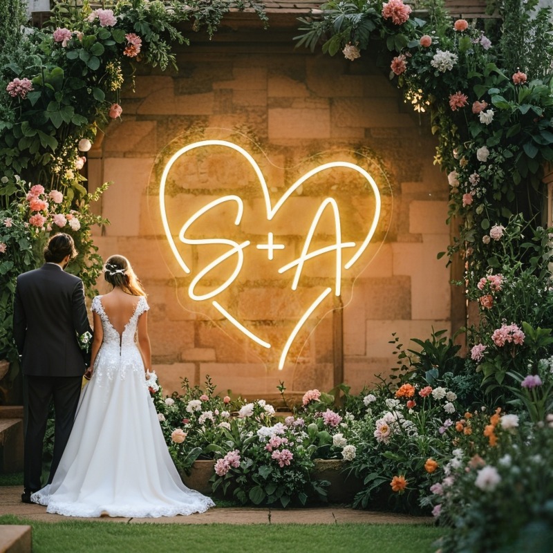 Home Decor Xmas - カスタムイニシャルハートLEDネオンサイン、結婚式パーティーの背景、家の壁の装飾、カップルへのギフト用のパーソナライズされたネームネオンライト