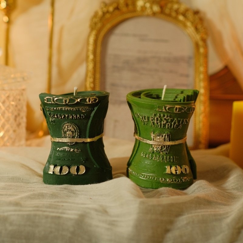 Home Decor Handmade - 2026年新作手作り蜜蝋ソイワックスキャンドル、米ドルの形をした束のドル札風クリエイティブな幸運のキャンドル、家の装飾やギフトに