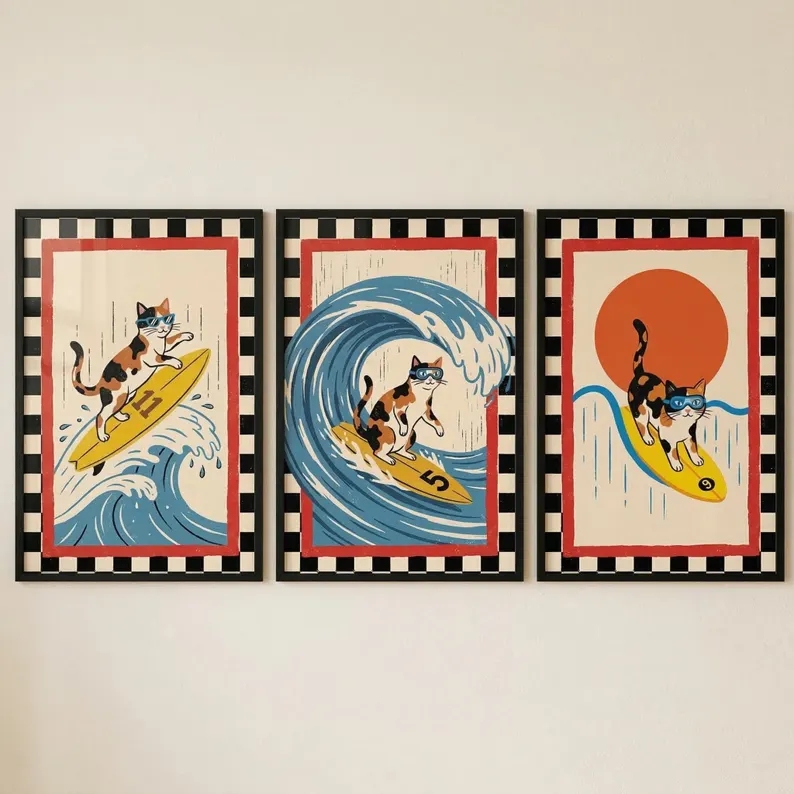 Home Decor Retro - 3 個レトロ日本波猫サーフィンウォールアートプリントキャンバス絵画ポスター画像リビングルーム、寝室の家の装飾用
