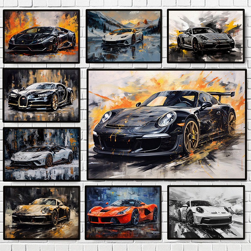 Home Decor Brand - モダンな抽象的な高級車のポスター カラフルな有名ブランドのスポーツカー キャンバス絵画 トレンディなウォールアート リビングルームの家の装飾用