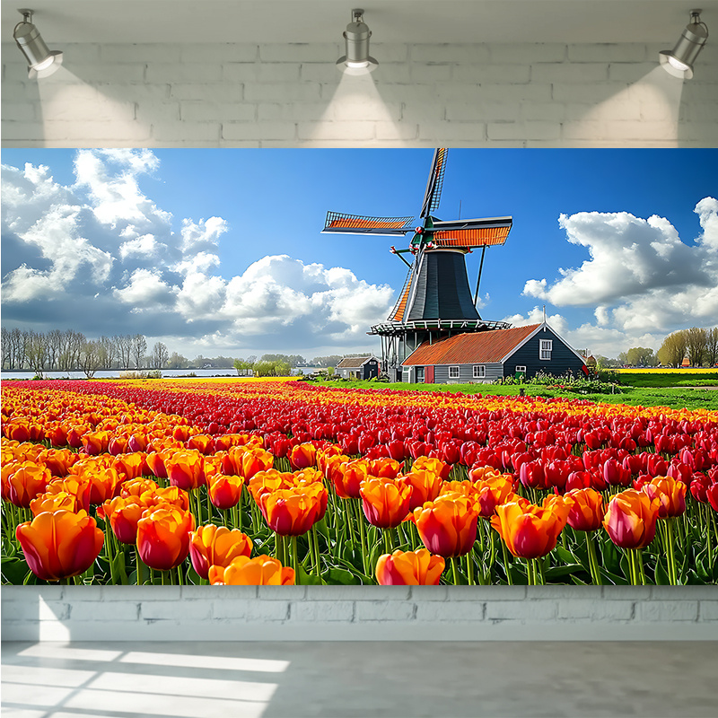 Home Decor Netherlands - 風車チューリップ畑オランダ風景壁掛けタペストリー カラフルな花柄アート ホームオフィス装飾用 2D平面背景生地