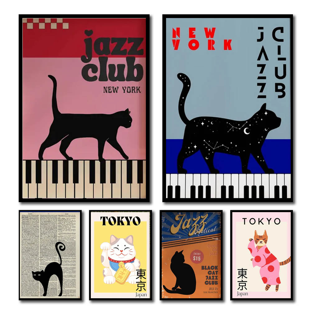 Home Decor Aesthetic Pinterest - 1pc 黒猫ピアノキャンバスアートポスターフォーチュンキャットシンプルなキャンバス絵画壁アート寝室リビングルームホームオフィス