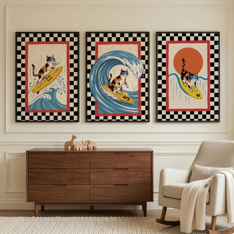 3 個レトロ日本波猫サーフィンウォールアートプリントキャンバ - Home Decor Retro のレビューと価格