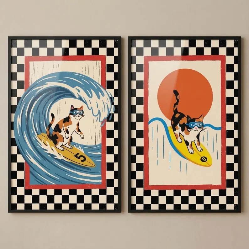 3 個レトロ日本波猫サーフィンウォールアートプリントキャンバ - Home Decor Retro のレビューと価格
