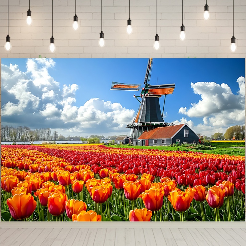 風車チューリップ畑オランダ風景壁掛けタペストリー カラフルな - Home Decor Netherlands のレビューと価格