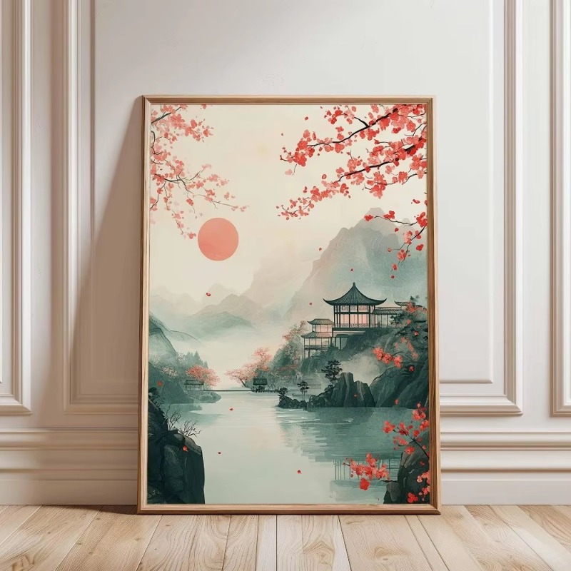レトロな日本の森と鯉の禅水彩画キャンバスポスター抽象的な太陽 - Home Decor Aesthetic Pinterest のレビューと価格
